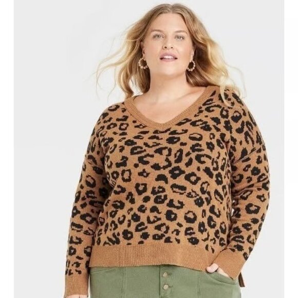 Knox Rose Brown Black Leopard Print V-Neck Sweater Size XL - Picture 1 of 10